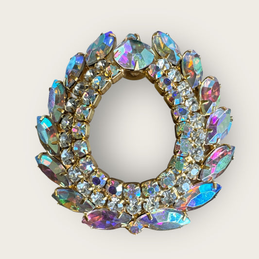 Vintage Aurora Borealis Rhinestone Oval Wreath Brooch – Large 1960s Statement Pin