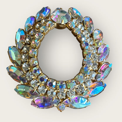 Vintage Aurora Borealis Rhinestone Oval Wreath Brooch – Large 1960s Statement Pin