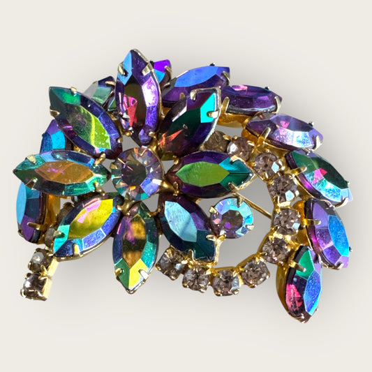 Verified Juliana Aurora Borealis Rhinestone Brooch – Mediterranean Blue Floral Swirl with Lavender Accents – 1960s Vintage Jewelry