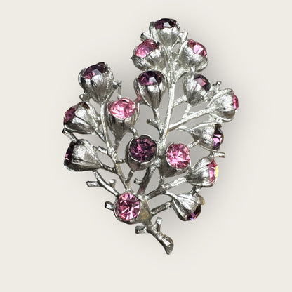 Vintage Sarah Coventry Tree of Life Brooch – Silver-Tone with Pink & Purple Rhinestones – 1960s Statement Pin