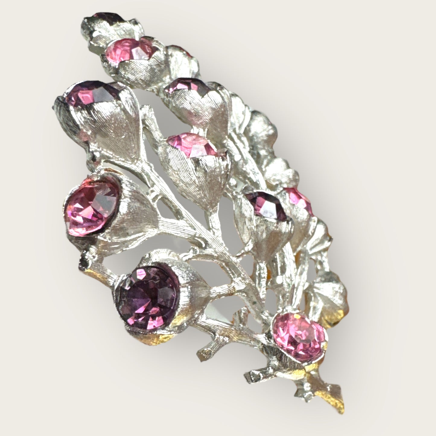 Vintage Sarah Coventry Tree of Life Brooch – Silver-Tone with Pink & Purple Rhinestones – 1960s Statement Pin