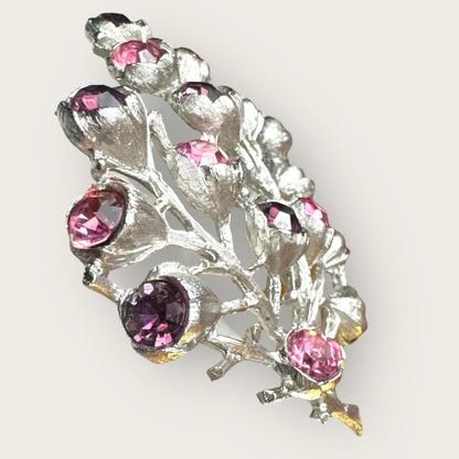 Vintage Sarah Coventry Tree of Life Brooch – Silver-Tone with Pink & Purple Rhinestones – 1960s Statement Pin