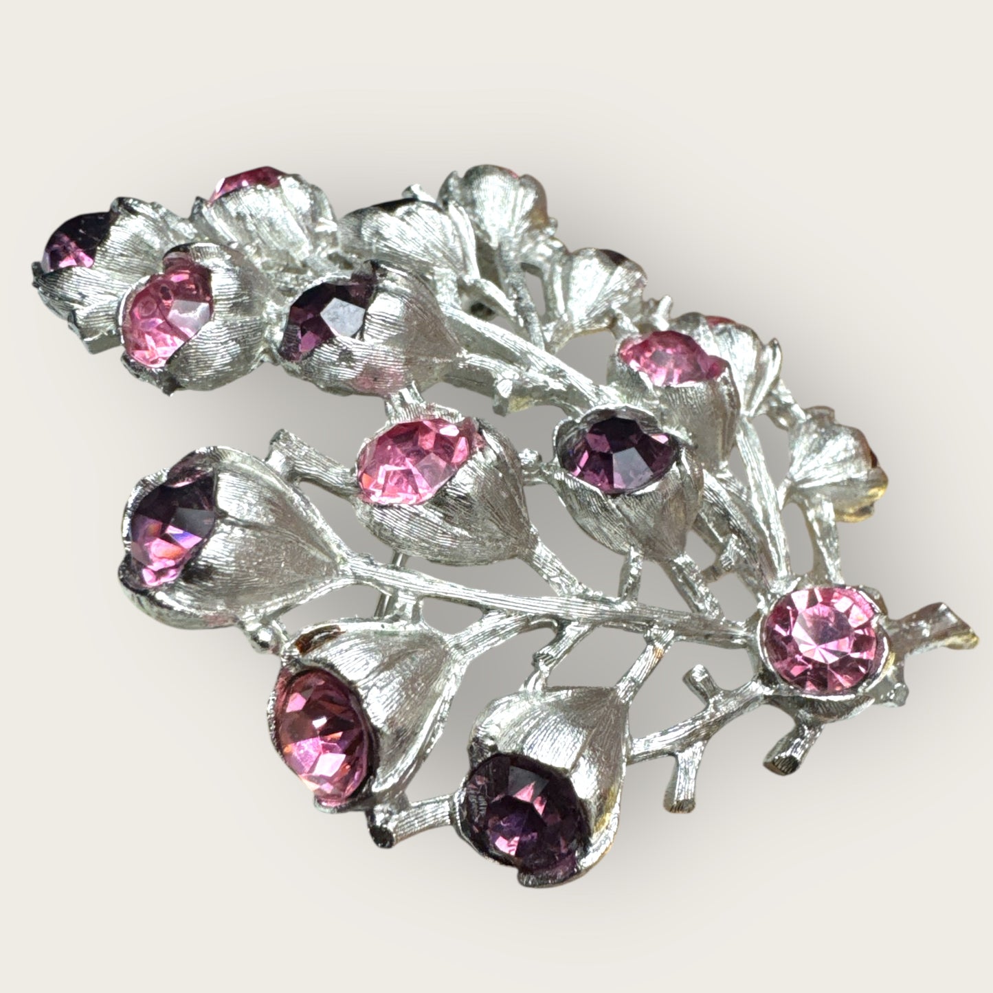 Vintage Sarah Coventry Tree of Life Brooch – Silver-Tone with Pink & Purple Rhinestones – 1960s Statement Pin