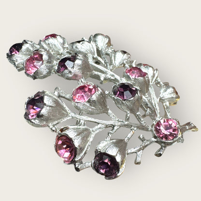 Vintage Sarah Coventry Tree of Life Brooch – Silver-Tone with Pink & Purple Rhinestones – 1960s Statement Pin