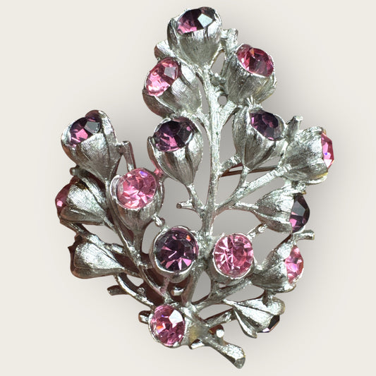 Vintage Sarah Coventry Tree of Life Brooch – Silver-Tone with Pink & Purple Rhinestones – 1960s Statement Pin