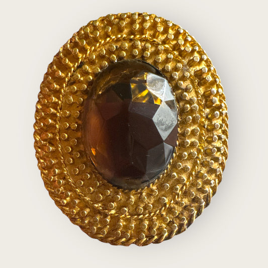 Vintage Smoky Glass Convertible Brooch Pendant – Textured Gold-Tone Setting – Mid-Century Statement Jewelry