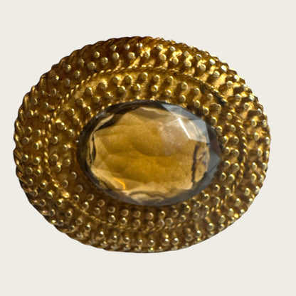 Vintage Smoky Glass Convertible Brooch Pendant – Textured Gold-Tone Setting – Mid-Century Statement Jewelry