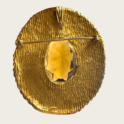 Vintage Smoky Glass Convertible Brooch Pendant – Textured Gold-Tone Setting – Mid-Century Statement Jewelry