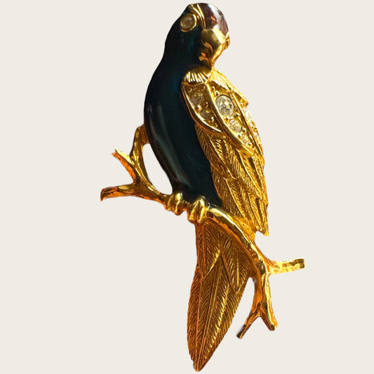 Vintage Avon Parrot Brooch – Enamel & Swarovski Crystal Bird Pin – Gold-Tone Signed Avon