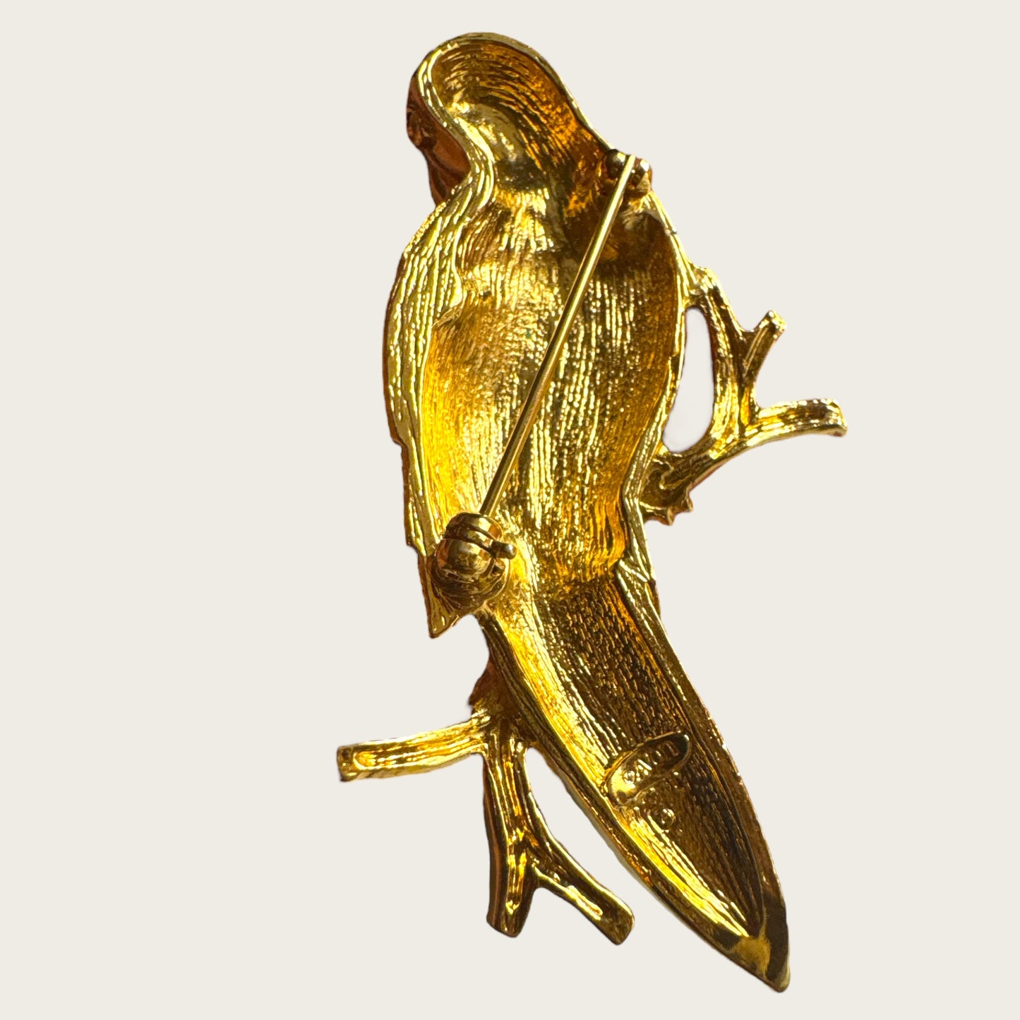 Vintage Avon Parrot Brooch – Enamel & Swarovski Crystal Bird Pin – Gold-Tone Signed Avon