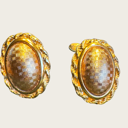 Vintage Monet Gold-Tone Rope Oval Clip-On Earrings with Rose Gold Wafer Center