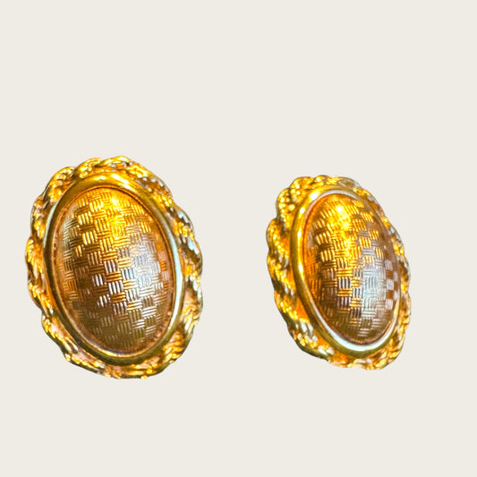 Vintage Monet Gold-Tone Rope Oval Clip-On Earrings with Rose Gold Wafer Center