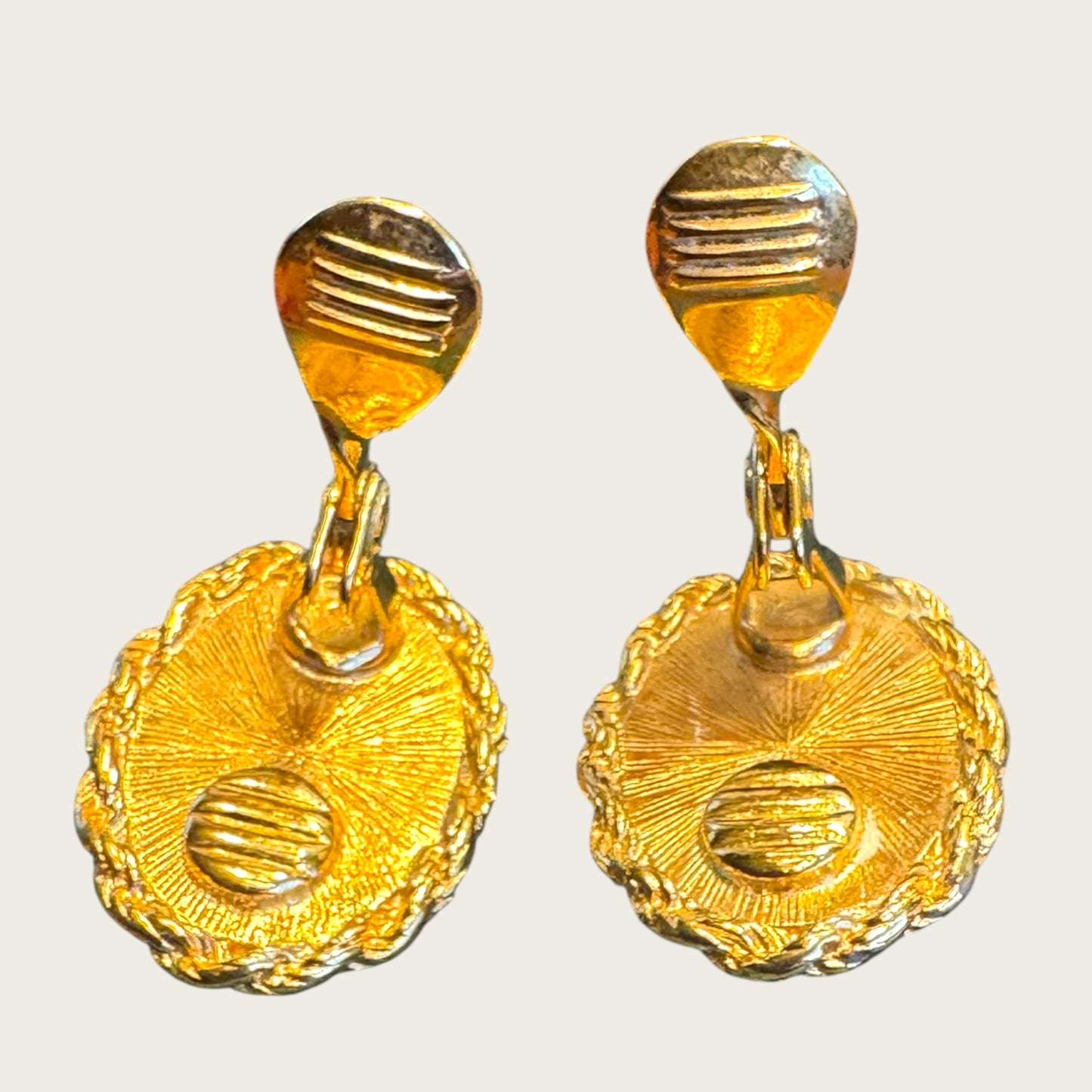 Vintage Monet Gold-Tone Rope Oval Clip-On Earrings with Rose Gold Wafer Center