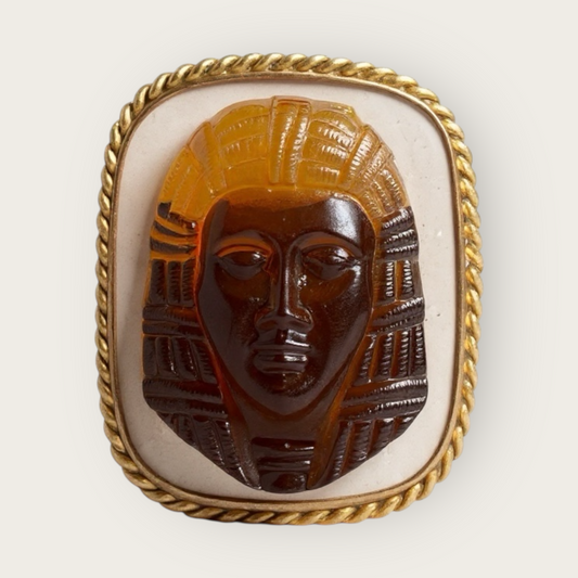 Antique Egyptian Revival Amber Glass Pharaoh Cameo Brooch | c. 1900