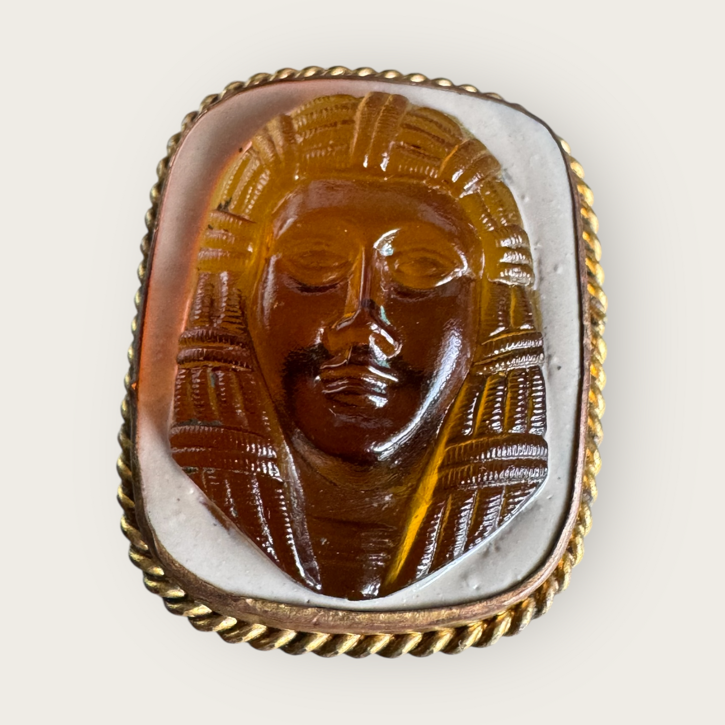Antique Egyptian Revival Amber Glass Pharaoh Cameo Brooch | c. 1900