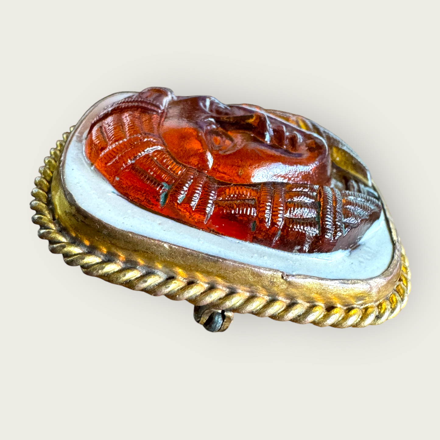 Antique Egyptian Revival Amber Glass Pharaoh Cameo Brooch | c. 1900