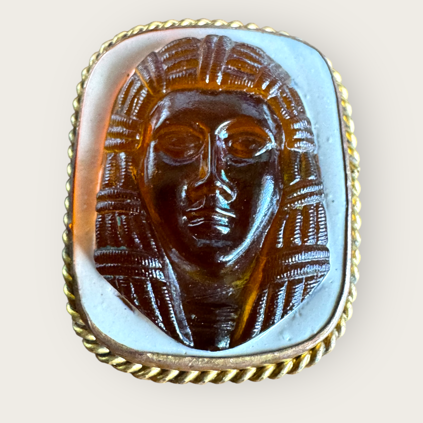 Antique Egyptian Revival Amber Glass Pharaoh Cameo Brooch | c. 1900