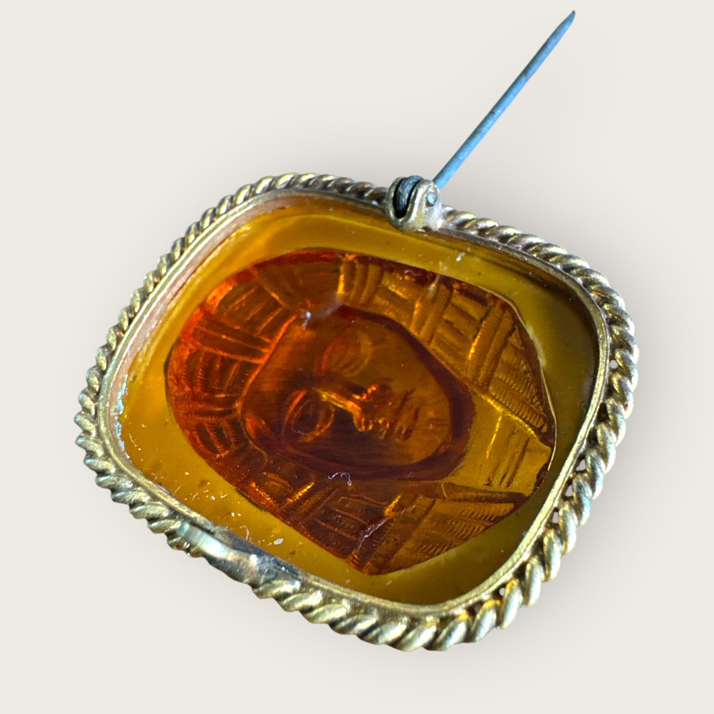 Antique Egyptian Revival Amber Glass Pharaoh Cameo Brooch | c. 1900