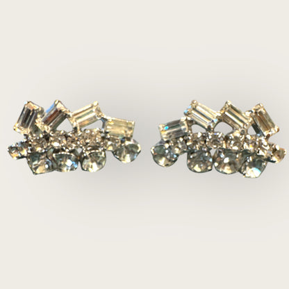Vintage Clear Rhinestone Clip-On Earrings | Mid-Century Sparkling Prong-Set Design