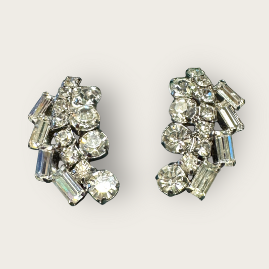 Vintage Clear Rhinestone Clip-On Earrings | Mid-Century Sparkling Prong-Set Design