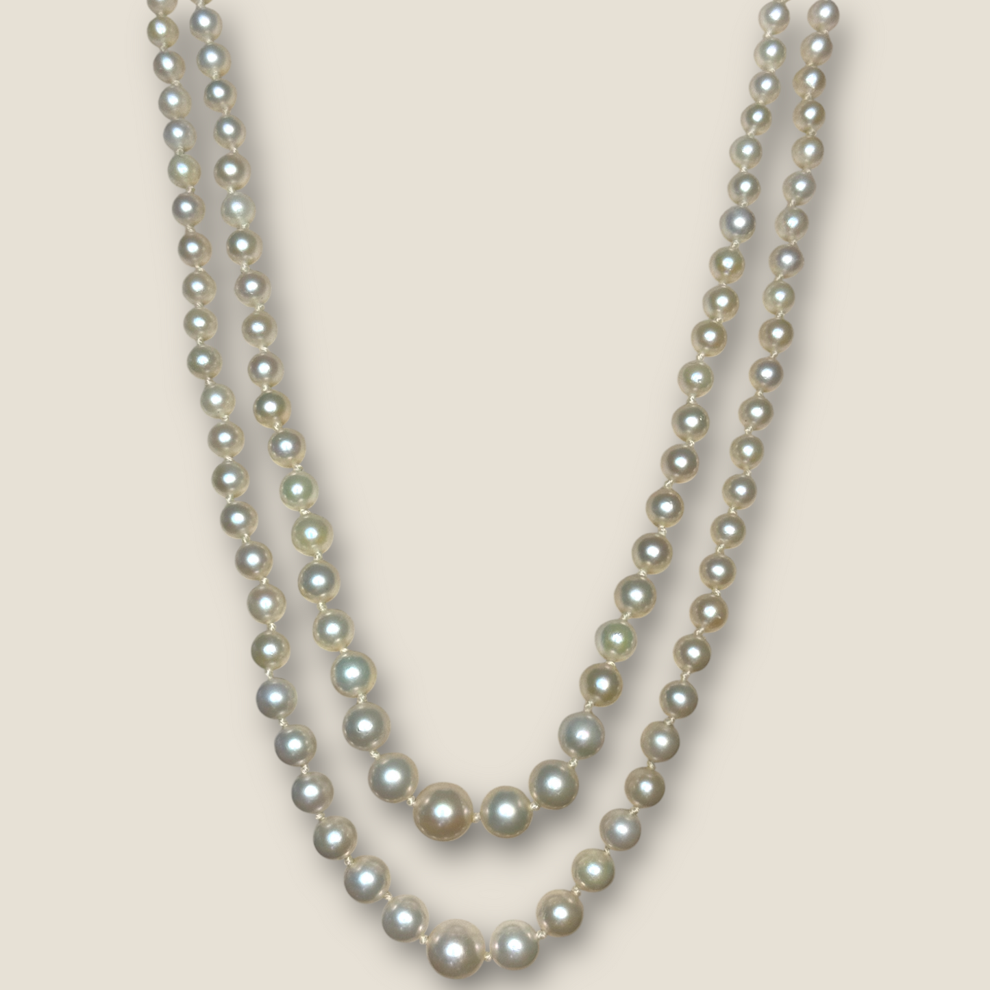 Vintage 1950s Graduated Double-Strand Cultured Pearl Necklace | Sterling Filigree Clasp | Japanese Fine Quality | 20” & 22”