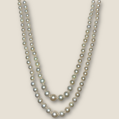 Vintage 1950s Graduated Double-Strand Cultured Pearl Necklace | Sterling Filigree Clasp | Japanese Fine Quality | 20” & 22”