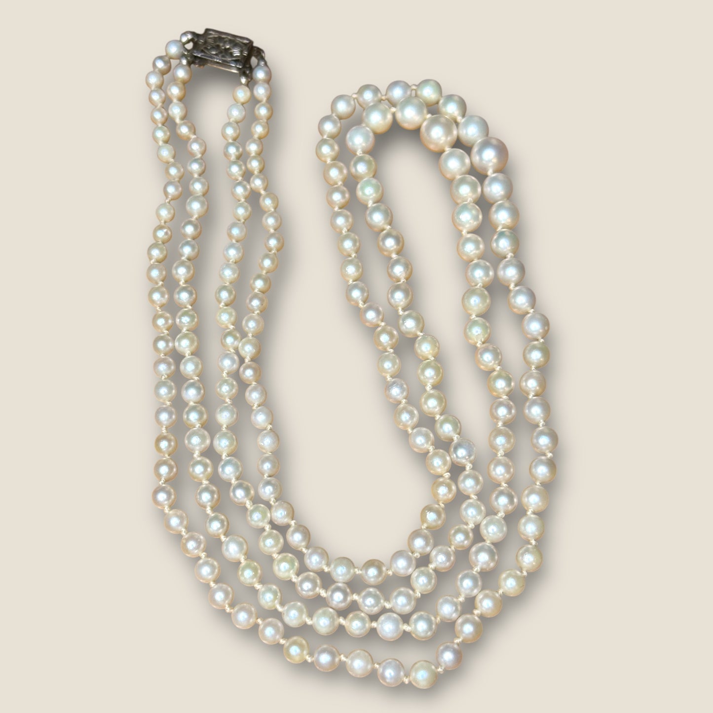 Vintage 1950s Graduated Double-Strand Cultured Pearl Necklace | Sterling Filigree Clasp | Japanese Fine Quality | 20” & 22”