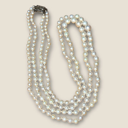 Vintage 1950s Graduated Double-Strand Cultured Pearl Necklace | Sterling Filigree Clasp | Japanese Fine Quality | 20” & 22”
