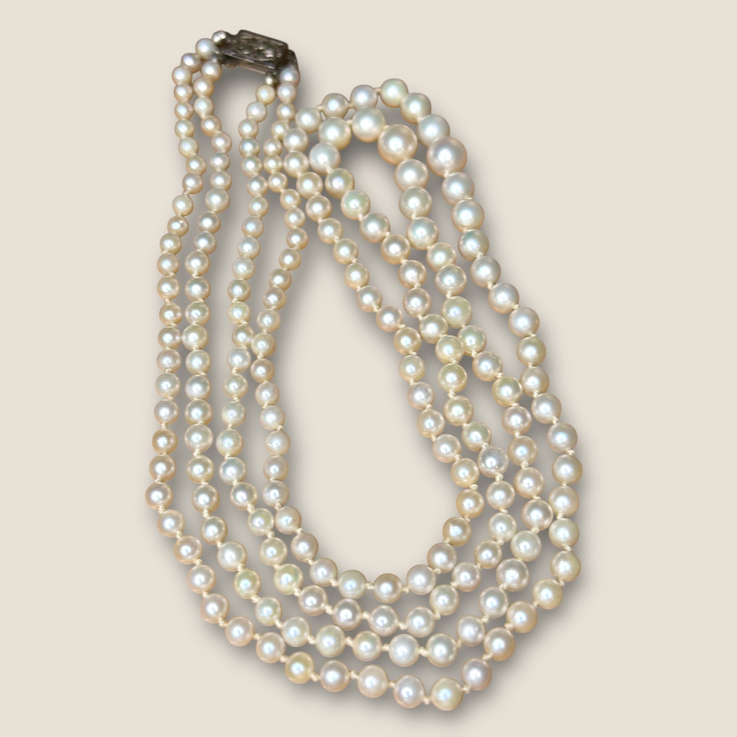 Vintage 1950s Graduated Double-Strand Cultured Pearl Necklace | Sterling Filigree Clasp | Japanese Fine Quality | 20” & 22”