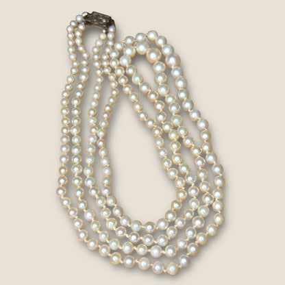 Vintage 1950s Graduated Double-Strand Cultured Pearl Necklace | Sterling Filigree Clasp | Japanese Fine Quality | 20” & 22”