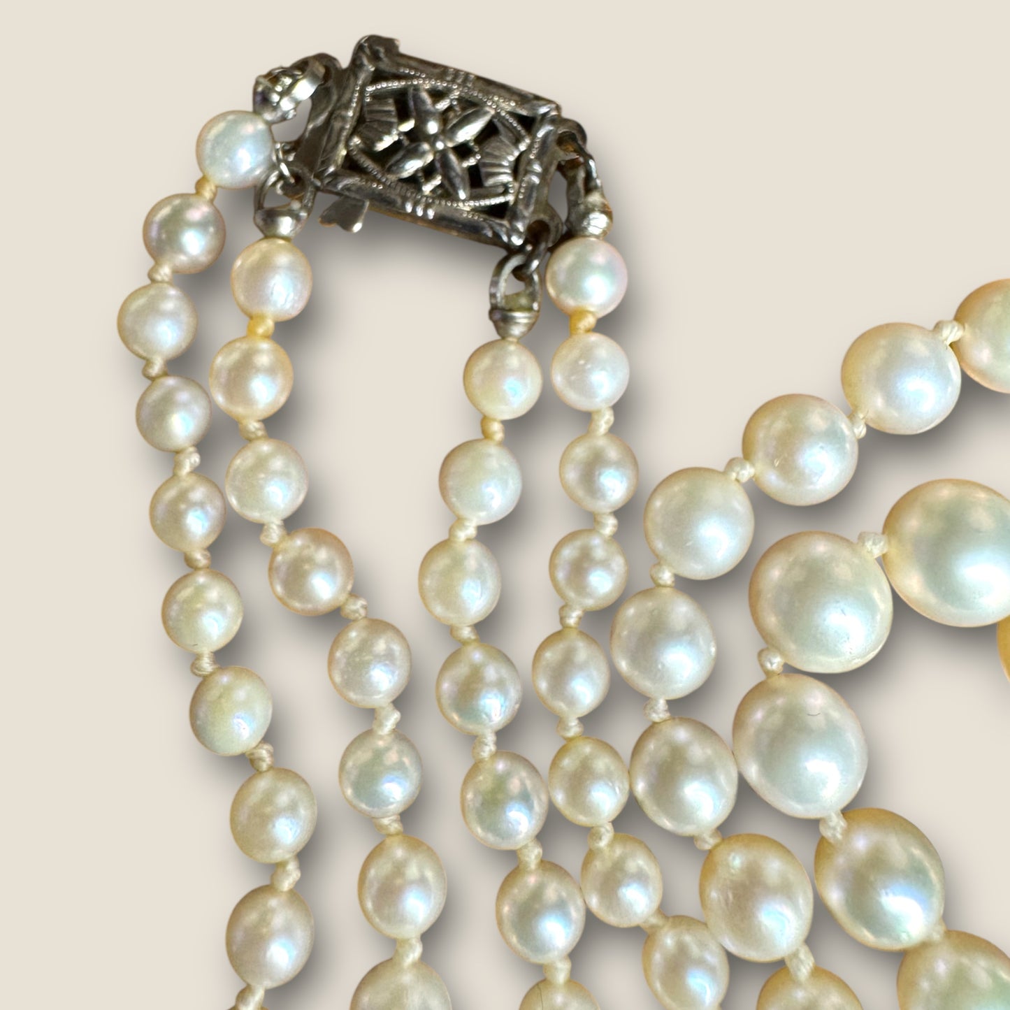 Vintage 1950s Graduated Double-Strand Cultured Pearl Necklace | Sterling Filigree Clasp | Japanese Fine Quality | 20” & 22”