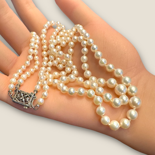 Vintage 1950s Graduated Double-Strand Cultured Pearl Necklace | Sterling Filigree Clasp | Japanese Fine Quality | 20” & 22”
