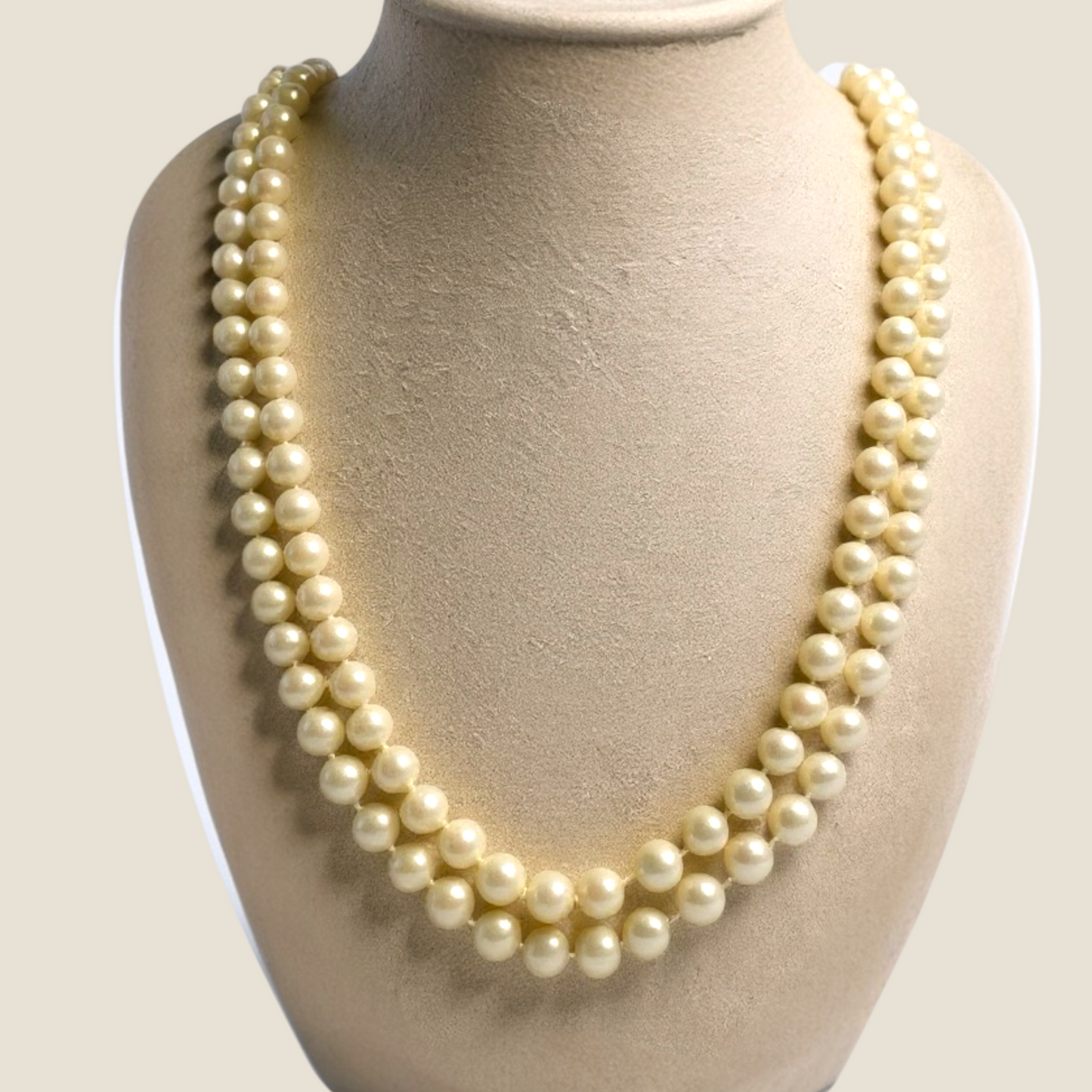 Vintage 1950s Double-Strand Glass Pearl Necklace | Rhinestone & Faux Pearl Clasp with Safety Chain | Elegant Mid-Century Design