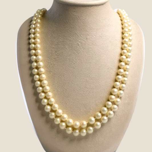 Vintage 1950s Double-Strand Glass Pearl Necklace | Rhinestone & Faux Pearl Clasp with Safety Chain | Elegant Mid-Century Design