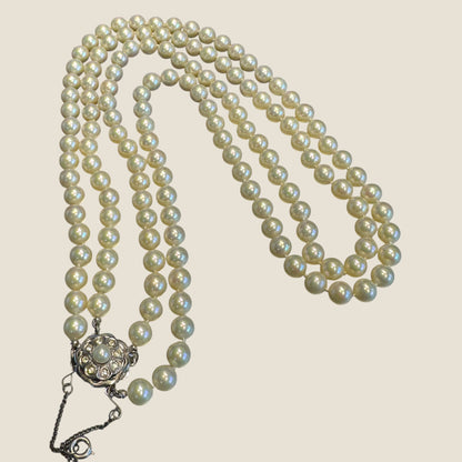 Vintage 1950s Double-Strand Glass Pearl Necklace | Rhinestone & Faux Pearl Clasp with Safety Chain | Elegant Mid-Century Design