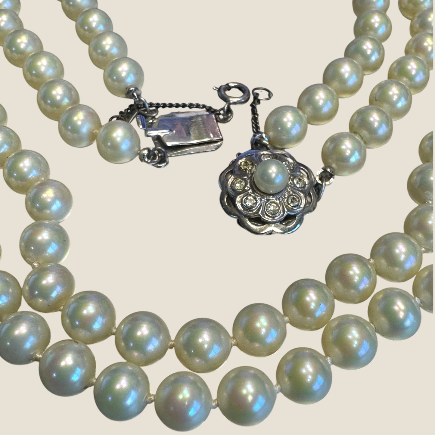 Vintage 1950s Double-Strand Glass Pearl Necklace | Rhinestone & Faux Pearl Clasp with Safety Chain | Elegant Mid-Century Design