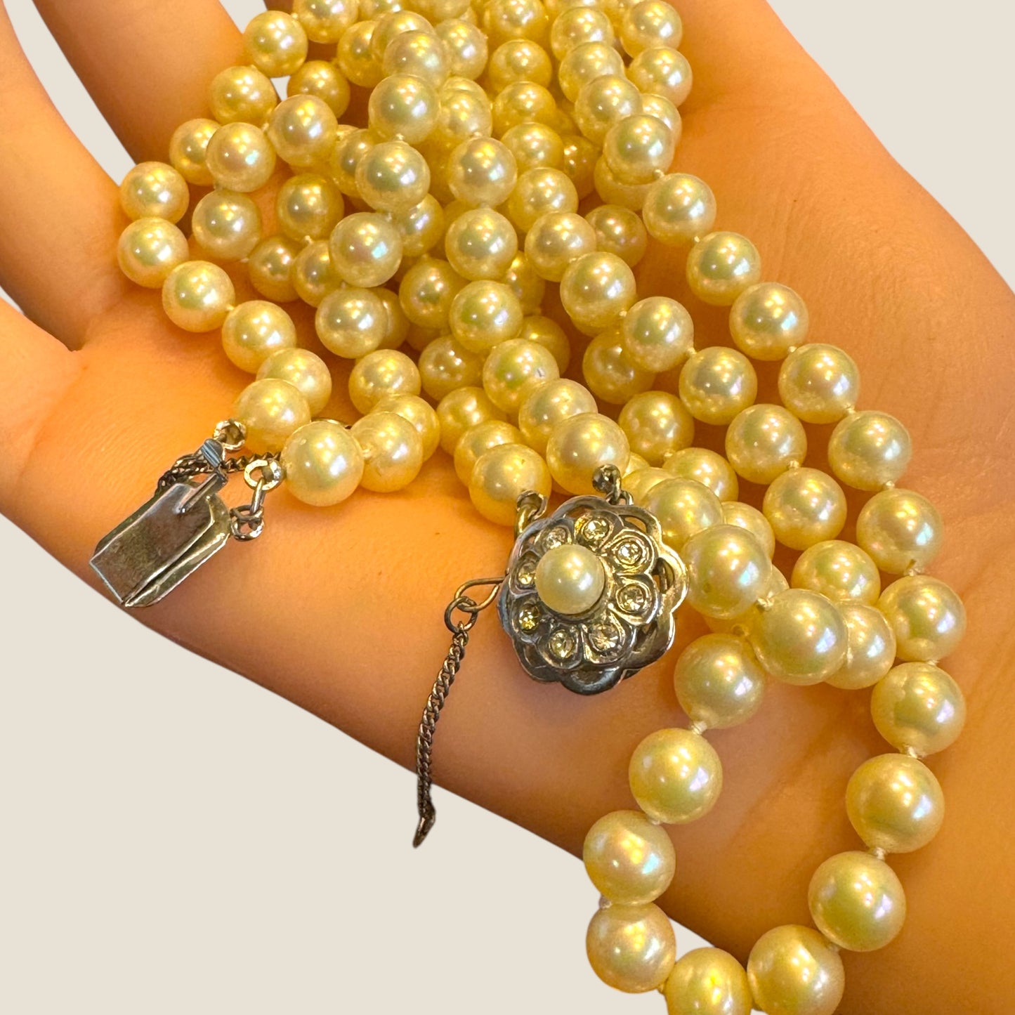 Vintage 1950s Double-Strand Glass Pearl Necklace | Rhinestone & Faux Pearl Clasp with Safety Chain | Elegant Mid-Century Design