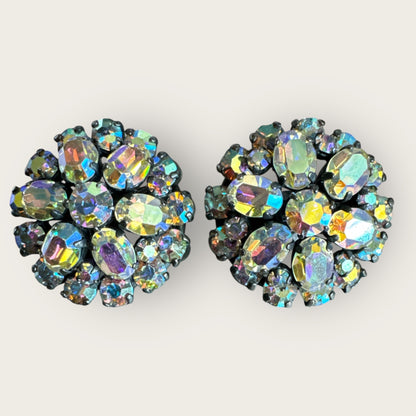 Vintage Austria Domed Aurora Borealis Rhinestone Clip-On Earrings – European Gunmetal Setting, 1950s Sparkle Statement Jewelry