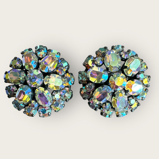 Vintage Austria Domed Aurora Borealis Rhinestone Clip-On Earrings – European Gunmetal Setting, 1950s Sparkle Statement Jewelry