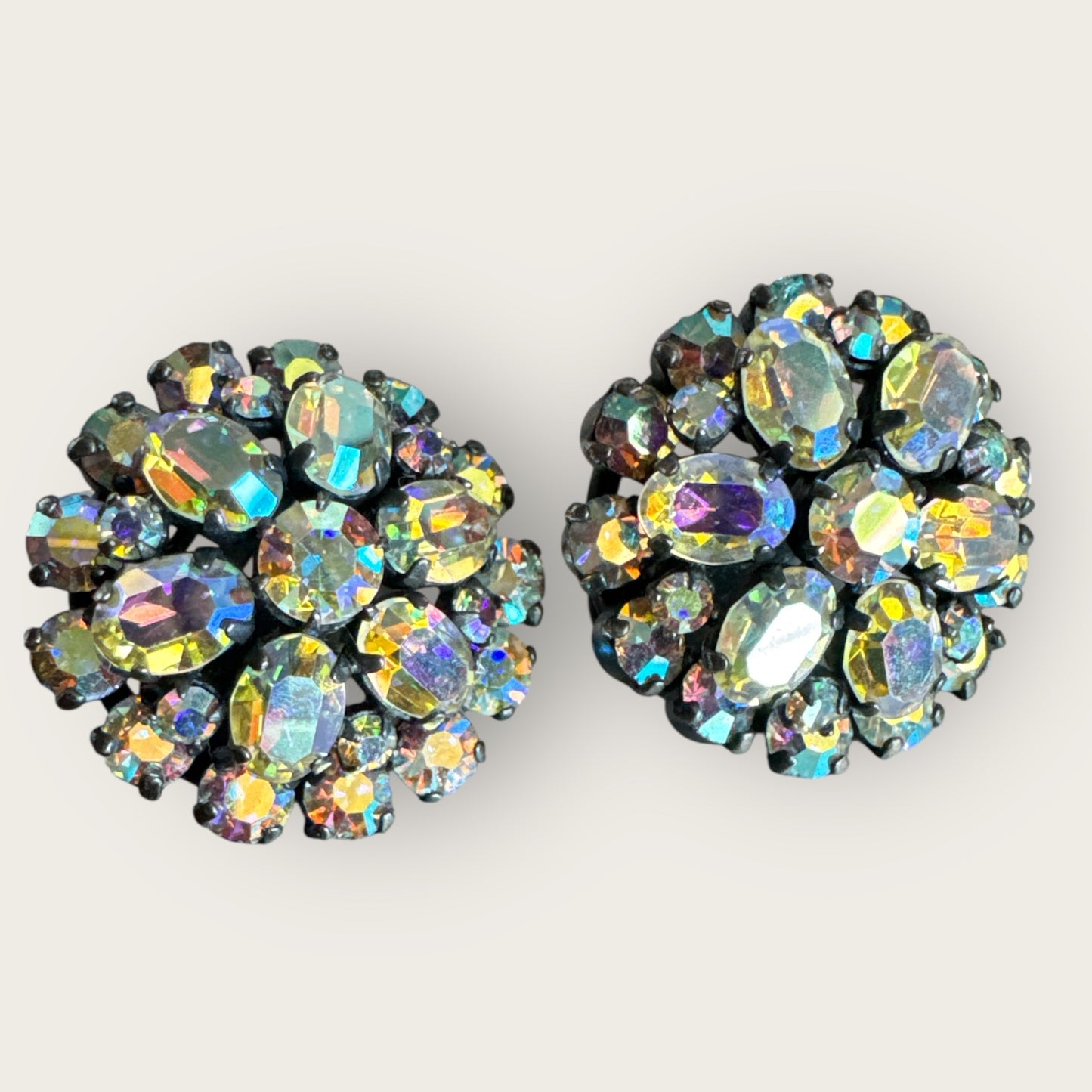 Vintage Austria Domed Aurora Borealis Rhinestone Clip-On Earrings – European Gunmetal Setting, 1950s Sparkle Statement Jewelry