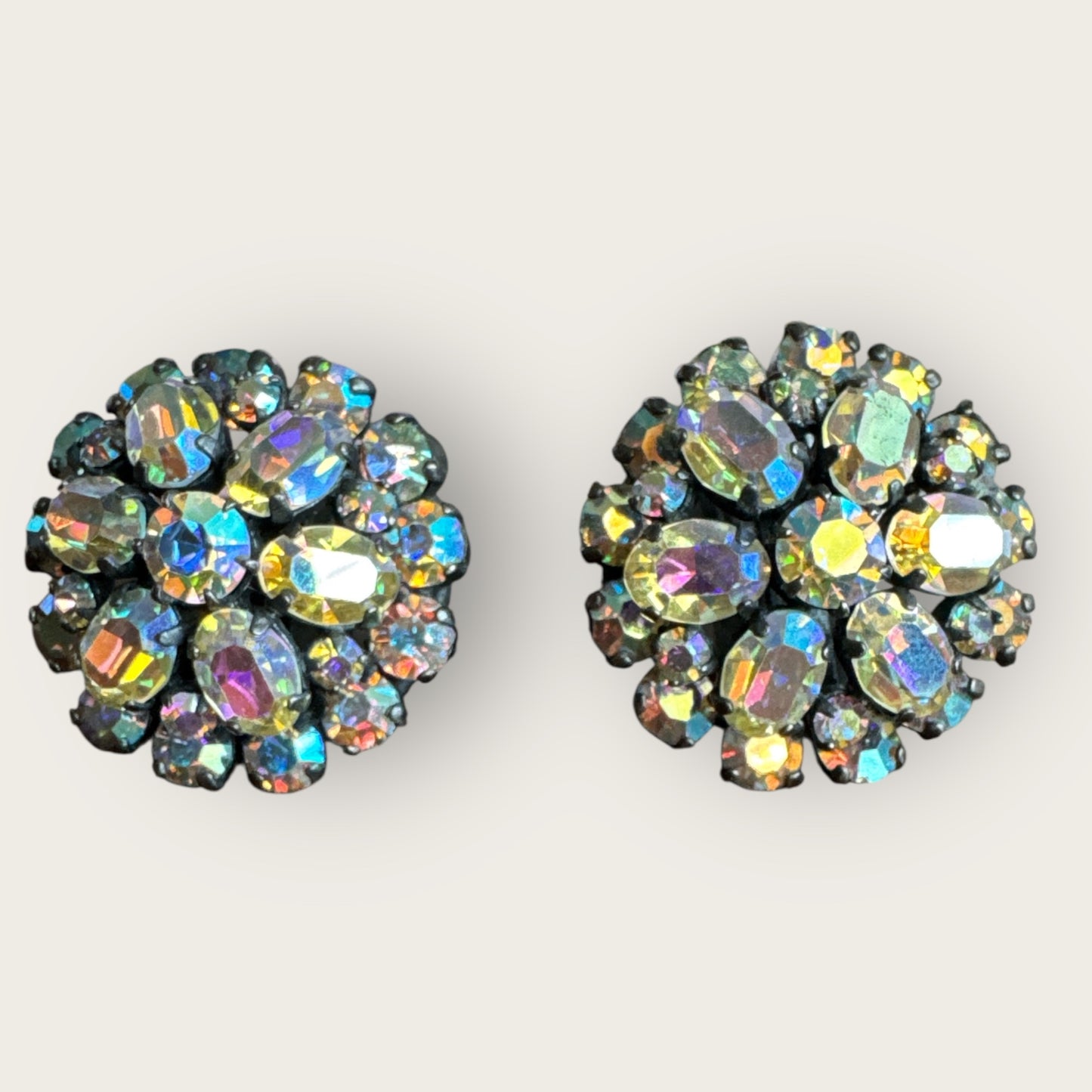 Vintage Austria Domed Aurora Borealis Rhinestone Clip-On Earrings – European Gunmetal Setting, 1950s Sparkle Statement Jewelry