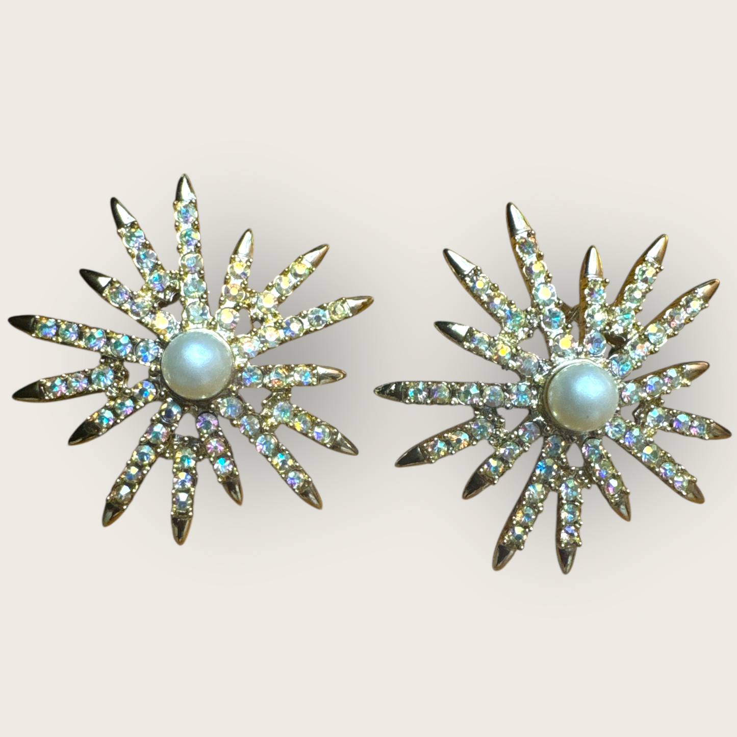 Vintage Emmons Patent Pending Starburst Clip-On Earrings – Aurora Borealis Rhinestones & Faux Pearl, 1950s