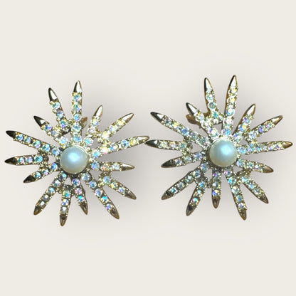 Vintage Emmons Patent Pending Starburst Clip-On Earrings – Aurora Borealis Rhinestones & Faux Pearl, 1950s