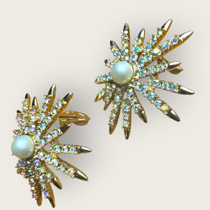 Vintage Emmons Patent Pending Starburst Clip-On Earrings – Aurora Borealis Rhinestones & Faux Pearl, 1950s