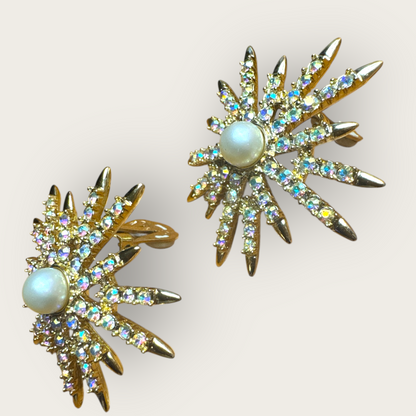 Vintage Emmons Patent Pending Starburst Clip-On Earrings – Aurora Borealis Rhinestones & Faux Pearl, 1950s