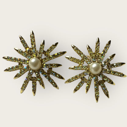 Vintage Emmons Patent Pending Starburst Clip-On Earrings – Aurora Borealis Rhinestones & Faux Pearl, 1950s