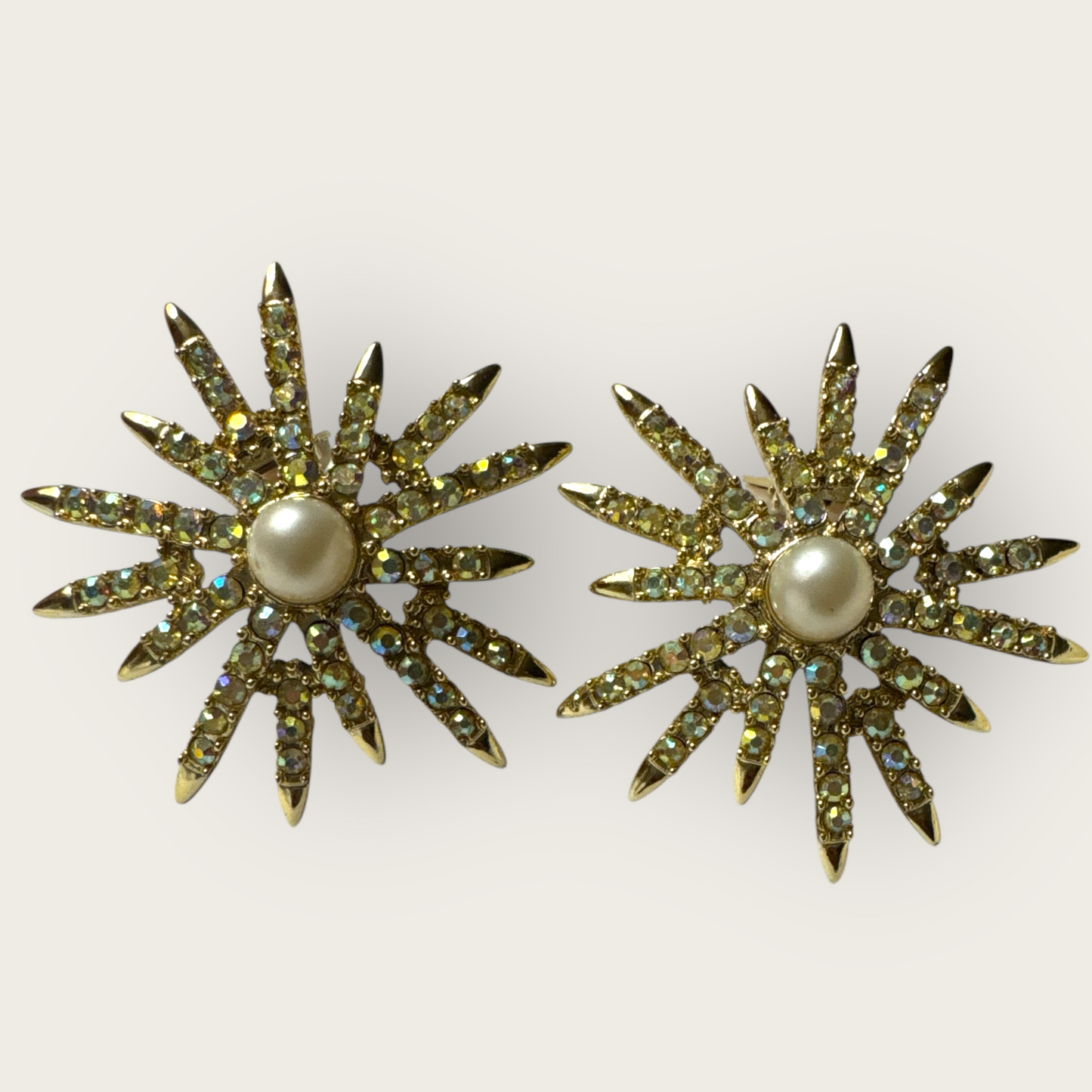 Vintage Emmons Patent Pending Starburst Clip-On Earrings – Aurora Borealis Rhinestones & Faux Pearl, 1950s