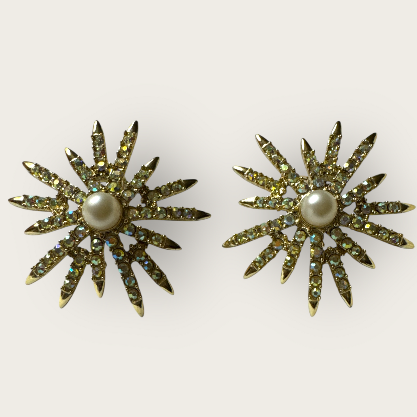 Vintage Emmons Patent Pending Starburst Clip-On Earrings – Aurora Borealis Rhinestones & Faux Pearl, 1950s