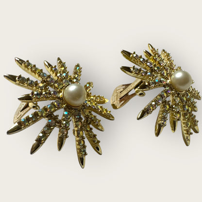 Vintage Emmons Patent Pending Starburst Clip-On Earrings – Aurora Borealis Rhinestones & Faux Pearl, 1950s