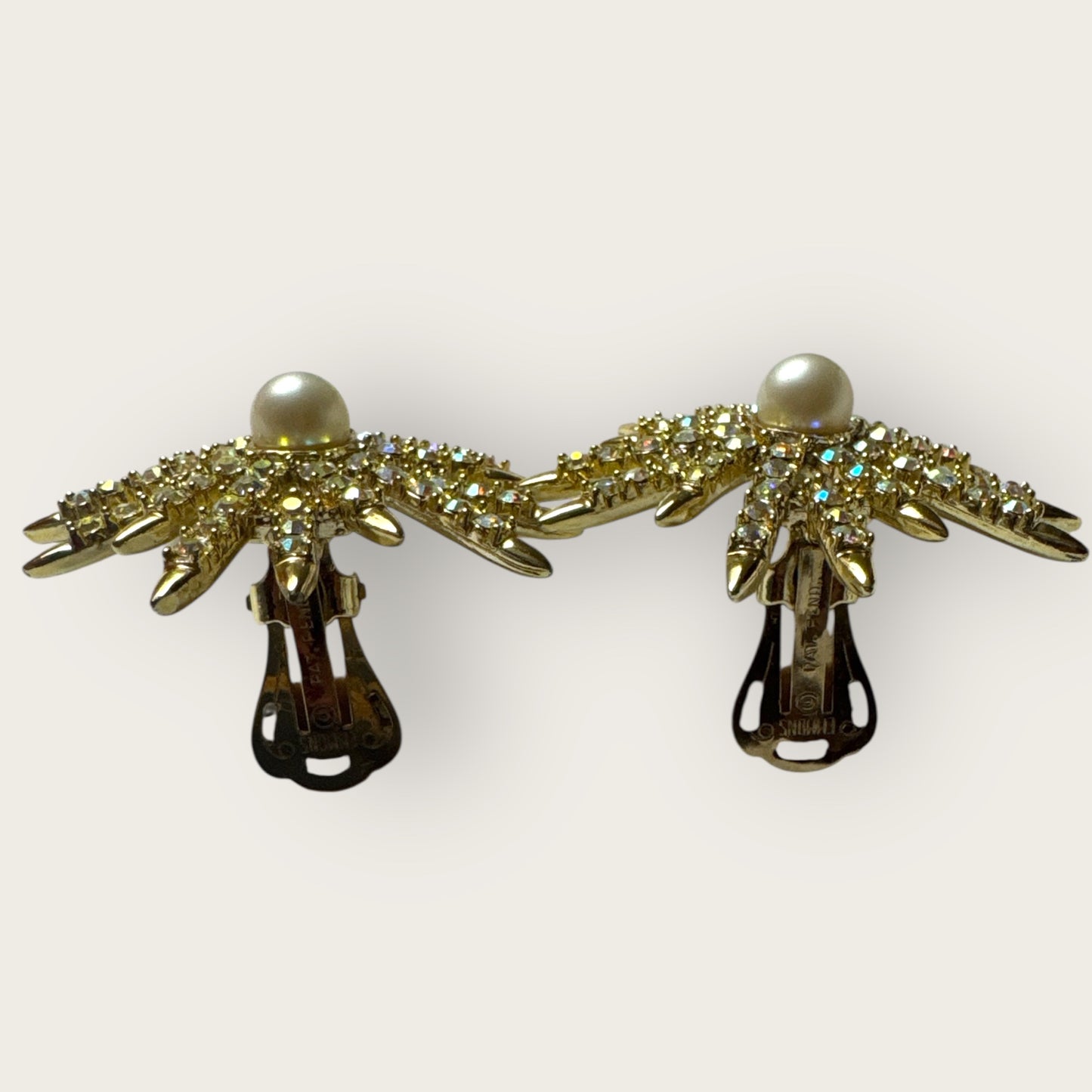 Vintage Emmons Patent Pending Starburst Clip-On Earrings – Aurora Borealis Rhinestones & Faux Pearl, 1950s